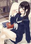  black_hair book crossed_legs kunimura_hakushi original removing_eyewear school_uniform sitting skirt solo yellow_eyes 