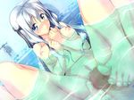  1girl asteel_runastia barefoot blue_eyes blush breasts censored erect! feet footjob game_cg long_hair lunastia_asteel nipples nude penis piromizu pussy silver_hair toes water wet 