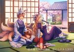  animal_ears blonde_hair brown_hair cat_ears cat_tail chen cherry_blossoms closed_eyes closed_fan cup dress elbow_gloves esukee fan folding_fan fox_tail gloves hat hat_removed hat_ribbon headwear_removed kyuubi lap_pillow long_sleeves lying mob_cap multiple_girls multiple_tails nekomata on_side open_clothes open_dress petals petting pillow_hat puffy_sleeves purple_dress purple_eyes red_dress ribbon shirt short_sleeves sitting smile tabard tail tatami teacup touhou tray tree white_dress white_gloves wide_sleeves yakumo_ran yakumo_yukari yellow_eyes 