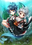  animal_ears blue_eyes blue_hair blush breasts bubble city detached_sleeves hat head_fins inubashiri_momiji japanese_clothes kei_kei kimono large_breasts long_sleeves mermaid monster_girl multiple_girls obi open_mouth red_eyes sash short_hair silver_hair skirt smile tail tokin_hat touhou underwater underwater_city vambraces wakasagihime water wide_sleeves wolf_ears wolf_tail 