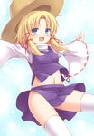  ass_visible_through_thighs blonde_hair blue_background blue_eyes blush breasts hair_ribbon hat highres long_sleeves looking_at_viewer midriff miniskirt moriya_suwako navel open_mouth outstretched_arms ribbon shirt skirt skirt_set small_breasts smile solo stomach thighhighs touhou turtleneck upskirt vest white_legwear wide_sleeves yuu_(yu0221f) zettai_ryouiki 