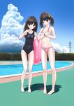  absurdres bad_id bad_pixiv_id barefoot bikini black_eyes black_hair bow chikuwa_(odennabe) cloud covered_navel covering covering_chest day hair_bow highres lifeguard_chair long_hair multiple_girls navel one-piece_swimsuit original pool power_lines revision school_swimsuit sky swimsuit twintails 