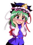  blue_eyes blush embarrassed full-face_blush green_hair hands_on_own_face hat hat_ribbon honda_takaharu leaning_over long_sleeves looking_away parted_lips ribbon shiki_eiki short_hair simple_background solo touhou upper_body vest white_background 