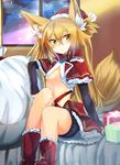  animal_ears blonde_hair blush breasts christmas fox_ears fox_tail gift green_eyes haik hat highres kokonoe_tsubaki long_hair original santa_hat sitting small_breasts snow solo tail underboob 