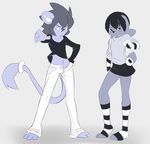  3_toes 5_fingers anthro black_hair black_nose canine clothing feline girly grass_gremlin hair legwear looking_at_viewer male mammal plain_background short_hair standing stockings tail_ring 
