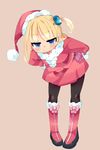  bent_over blonde_hair blue_eyes blush boots bow christmas hair_bobbles hair_ornament hands_on_hips hat kanikama knee_boots long_hair one_side_up original pantyhose santa_costume santa_hat smile smug solo 