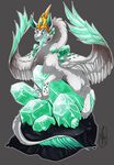  ahro aquamarine blue_eyes blue_tongue crown crystal crystals digitigrade dragon fangs feral fur furred_dragon hindpaw hybrid male on_top original_creature paws plain_background rock solo stone straddling teeth tongue white_fur wings 