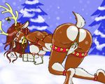  anthro bell breasts bridle brown_hair butt cervine christmas female floppybunny hair harness holidays mammal nipple_piercing nipples piercing reindeer underwear 