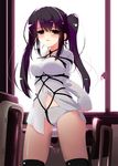  1girl bdsm black_hair bondage bound breasts brown_eyes classroom crotch_rope female kasane long_hair looking_at_viewer nude open_mouth original panties rope school_desk shibari smile solo standing thighhighs twintails underwear 