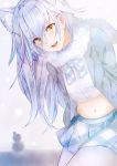  1girl ancolatte_(onikuanco) animal_ear_fluff animal_ears arctic_wolf_(kemono_friends) bow bowtie center_frills coat commentary_request eyebrows_visible_through_hair fang fur_collar highres kemono_friends light_blue_hair long_hair long_sleeves midriff multicolored_hair navel open_mouth pantyhose plaid plaid_skirt pleated_skirt skirt snowman solo white_hair wolf_ears yellow_eyes 
