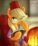  applejack_(mlp) arm_chair blonde_hair book clothed clothing conicer cute cutie_mark dressing_gown equine eyewear female feral fez fire fireplace friendship_is_magic glasses green_eyes hair hat horse inside long_hair looking_at_viewer mammal my_little_pony pony reading robe sitting smile solo 