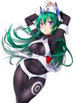 armpits arms_up blush bodysuit breasts covered_navel fingerless_gloves gloves green_hair headgear large_breasts long_hair looking_at_viewer menou_kaname onsoku_maru original purple_eyes robot_ears simple_background solo 