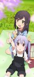  :d antenna_hair black_hair blurry chestnut_mouth depth_of_field food hair_ribbon highres ichijou_hotaru kneehighs miyauchi_renge multiple_girls non_non_biyori ogipote open_mouth overalls pointing pointing_up purple_hair ribbon sandwich sitting smile twintails white_legwear 