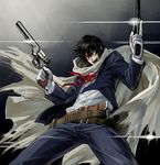  bad_id bad_pixiv_id belt black_hair blue_eyes butch_cassidy cape drifters dual_wielding evil_smile gun handgun holding indesign jacket messy_hair open_clothes open_jacket open_mouth revolver short_hair smile trigger_discipline weapon 