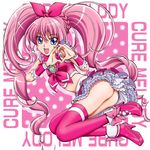  :d ass blue_eyes boo_(takagi) bow braid brooch character_name cure_melody frills full_body hair_ribbon heart heart_hands highres houjou_hibiki jewelry long_hair magical_girl midriff open_mouth pink_background pink_bow pink_hair pink_legwear precure ribbon shoes skirt smile solo suite_precure thighhighs twintails 