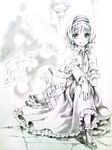  alice_margatroid bad_id bad_pixiv_id book bow capelet closed_eyes dress frilled_dress frills graphite_(medium) grimoire grimoire_of_alice hair_bow hairband hexagram holding holding_book kneeling lakestep55 magic_circle monochrome pages shanghai_doll short_hair sitting smile solo star_of_david stool touhou traditional_media 