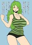  ahoge blue_background breasts cleavage clenched_hand contrapposto flat_color green_hair highres large_breasts long_hair monet_(one_piece) one_piece short_shorts shorts simple_background solo space_jin standing striped striped_tank_top tank_top translation_request yellow_eyes 
