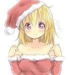  bare_shoulders blonde_hair hat long_hair maribel_hearn purple_eyes santa_costume santa_hat simple_background smirk solo tori_(minamopa) touhou upper_body white_background 