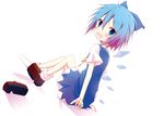  blue_hair blush cirno hinata_ichi ice ice_wings looking_back open_mouth shoes single_shoe sitting solo touhou wings 