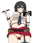  1girl black_hair blue_eyes blush breasts comord covered_nipples erect_nipples female gloves kantai_collection long_hair navel no_panties pussy solo standing uncensored 