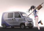  amazon_(company) ass black_eyes black_hair box cardboard_box chikuwa_(odennabe) delivery fundoshi ground_vehicle highres japanese_clothes long_hair motor_vehicle no_pants one_eye_closed original smile solo striped tabi twintails van 