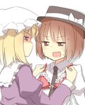  blush bra brown_eyes brown_hair dress_shirt hat maribel_hearn multiple_girls necktie open_mouth purple_eyes red_bra shirt short_hair tori_(minamopa) touhou underwear usami_renko 