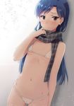  bad_id bad_pixiv_id bikini blue_hair blush breasts brown_eyes cameltoe h@ll idolmaster idolmaster_(classic) kisaragi_chihaya long_hair looking_at_viewer micro_bikini navel plaid plaid_scarf scarf small_breasts solo string_bikini swimsuit white_bikini 