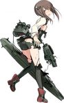  armor ass bike_shorts blush brown_eyes brown_hair butt_crack covering covering_chest flat_chest from_behind full_body hair_between_eyes headgear kantai_collection looking_back lowleg lowleg_panties miniskirt official_art open_mouth panties pleated_skirt shimada_fumikane short_hair skirt solo taihou_(kantai_collection) thighhighs torn_bike_shorts torn_clothes transparent_background underwear white_panties 