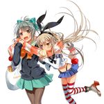  anchor bangs baozi blonde_hair bow bowtie brown_eyes eating elbow_gloves food gloves grey_hair hair_bow hairband kantai_collection long_hair multiple_girls murakami_yuichi navel open_mouth pantyhose pleated_skirt ponytail scarf shared_scarf shimakaze_(kantai_collection) short_hair simple_background skirt striped striped_legwear thighhighs white_background white_gloves yuubari_(kantai_collection) 