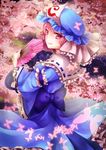  bow bug butterfly cherry_blossoms dress fan folding_fan frills hat highres insect looking_back pink_eyes pink_hair ribbon-trimmed_collar ribbon-trimmed_sleeves ribbon_trim saigyouji_yuyuko sakura_ran solo touhou tree triangular_headpiece 