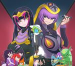  arbok banette biriri-ane_(space_jin) black_hair blue_skin breasts cloak deoxys dual_persona fingerless_gloves gen_1_pokemon gen_3_pokemon gen_4_pokemon gengar gloves grey_eyes hat hood hug hug_from_behind large_breasts long_hair multiple_girls original pantyhose pen personification pokemon purple_hair rayquaza red_eyes red_hair rotom scarf seviper slit_pupils space_jin sweater yellow_eyes 