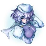  blue_hair blush breast_lift cape dudufedu hair_over_one_eye hand_in_hair hat letty_whiterock puffy_sleeves snowflakes solo touhou upper_body 