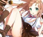  brown_hair brown_legwear chocolate_chip_cookie cookie ferrero_rocher food green_eyes hair_ornament hairclip legs long_hair looking_at_viewer no_shoes open_mouth original salt_(salty) skirt sock_pull solo white_background 