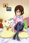  absurdres beargguy_iii bed_sheet blush brown_eyes brown_hair crossed_legs dress frilled_pillow frills glasses gundam gundam_build_fighters gunpla hairband highres juliet_sleeves kousaka_china long_sleeves matsukawa_tetsuya no_shoes nyantype official_art on_bed over-rim_eyewear pillow puffy_sleeves red-framed_eyewear sailor_dress scan semi-rimless_eyewear short_hair sitting solo stuffed_animal stuffed_toy teddy_bear thighhighs 