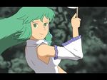  anime_coloring arm_up commentary detached_sleeves gohei gradient gradient_background green_eyes green_hair hair_tubes kochiya_sanae letterboxed long_hair looking_at_viewer parody shirosato smirk solo studio_ghibli_(style) style_parody touhou wind 
