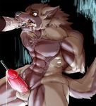  amber_eyes anthro biceps bound canine chest_tuft cum cum_in_mouth cum_inside cum_string disembodied_penis forced fur gay humanoid_penis male mammal muscles open_mouth oral pecs penis purupurupurupuru sounding teeth tuft urethral urethral_penetration wolf 