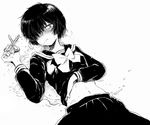  blush greyscale hair_over_one_eye midriff monochrome navel nazo_no_kanojo_x ogawa_hidari saliva school_uniform scissors serafuku short_hair skirt solo urabe_mikoto 