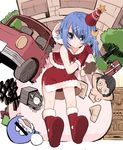  animal_ears blue_eyes blue_hair boots capelet censored christmas clock crescent crescent_hair_ornament cuckoo_clock doraemon doraemon_(character) dress gift gloves ground_vehicle hair_ornament hat hood hood_down identity_censor long_hair motor_vehicle original party_hat rondo_umigame sack sex_doll smile solo star 