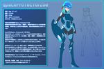  alternate_costume blue_eyes blue_footwear blue_hair bodysuit boots breasts character_profile helmet long_hair medium_breasts original oversized_forearms oversized_limbs ponytail science_fiction solo space_jin translation_request zoe_(space_jin) 