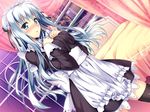  1girl asteel_runastia bed blue_eyes blush book erect! game_cg long_hair lunastia_asteel maid piromizu ribbon ribbons silver_hair 