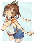  blush brown_eyes brown_hair character_name finger_to_mouth grin highres i-401_(kantai_collection) kantai_collection kikuyoshi_(tracco) looking_at_viewer one-piece_swimsuit one_eye_closed ponytail sailor_collar school_swimsuit short_hair short_ponytail smile solo swimsuit swimsuit_under_clothes translated 