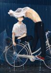  2boys bicycle black_hair black_pants blue_shoes canvas_shoes converse eyes_closed male male_focus multiple_boys open_clothes pants rain red_shoes school_uniform shirt shoes sitting smile sneakers student transparent_umbrella umbrella wet white_shirt 