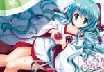  2013 2014 aqua_hair artist_name breasts cleavage green_eyes hair_ornament hatsune_miku hood japanese_clothes kimono long_hair lying medium_breasts on_back smile solo suzui_narumi uchikake very_long_hair vocaloid yuki_miku 