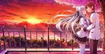  1girl asteel_runastia blue_eyes brown_eyes brown_hair cherry_blossoms city cloud clouds erect! game_cg landscape long_hair lunastia_asteel petals piromizu ribbon ribbons school_uniform seifuku short_hair silver_hair skirt sky sunset tree 