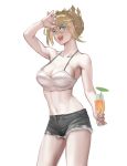  1girl :d absurdres alternate_costume arm_up armpits artoria_pendragon_(all) artoria_pendragon_(lancer) blonde_hair breasts camisole champagne_flute cleavage contrapposto cowboy_shot crop_top crown cup cutoffs drinking_glass fate/grand_order fate_(series) fuli_dun green_eyes hair_between_eyes hair_bun highres large_breasts midriff navel open_mouth shading_eyes short_hair short_shorts shorts smile solo 