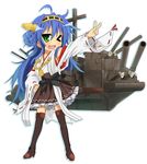  ;3 ;d ahoge bare_shoulders blue_hair boots cosplay detached_sleeves double_bun green_eyes hair_ornament hairband izumi_konata japanese_clothes kantai_collection kongou_(kantai_collection) kongou_(kantai_collection)_(cosplay) long_hair lucky_star mole mole_under_eye nontraditional_miko one_eye_closed open_mouth ribbon-trimmed_sleeves ribbon_trim smile solo thigh_boots thighhighs tyke v v-shaped_eyebrows white_background 