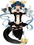  asymmetrical_wings black_legwear blue_hair breasts choker detached_collar dizzy feathered_wings guilty_gear hair_ribbon highres long_hair navel navel_cutout red_eyes ribbon smile solo tail tail_ribbon thighhighs twintails wings 