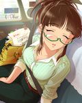  akizuki_ritsuko artist_request breasts brown_hair closed_eyes crooked_eyewear folded_ponytail glasses idolmaster idolmaster_(classic) idolmaster_cinderella_girls medium_breasts official_art open_mouth sitting sleeping sleeping_upright sleeves_pushed_up solo 