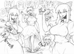  barefoot bow breasts cirno clenched_hand covered_nipples crushing dress dual_persona greyscale hair_bow ice ice_wings large_breasts long_dress long_hair monochrome multiple_girls older solo_focus space_jin stomping touhou translation_request wings 