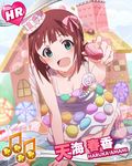  :d amami_haruka beamed_eighth_notes brown_hair candy card_(medium) character_name food food_themed_clothes green_eyes hat idolmaster idolmaster_(classic) idolmaster_million_live! lens_flare looking_at_viewer macaron musical_note official_art open_mouth ribbon short_hair smile 